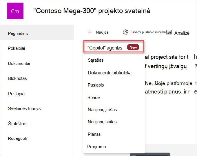 Naujo „Copilot“ agento kūrimo iš svetainės pagrindinio puslapio ekrano kopija