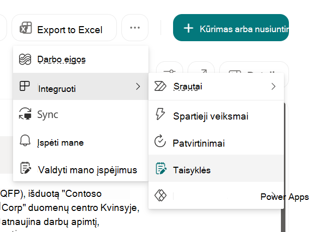 Ekrano kopija, kurioje rodoma Taisyklės, skirtos automatizuoti sąrašą programoje 