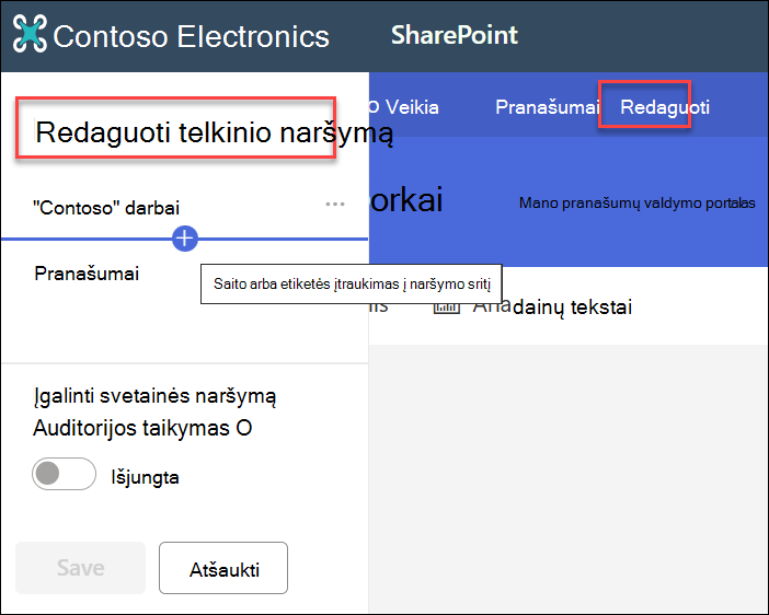 Naršymo telkinio redagavimo ekrano kopija