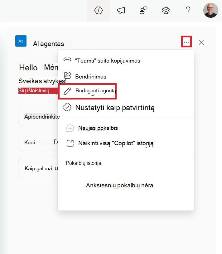Meniu, kuriame galima redaguoti 