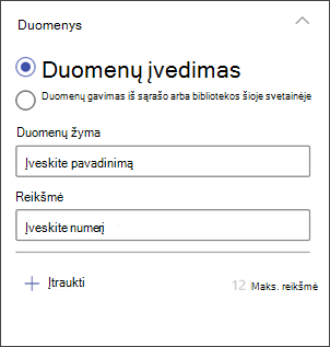 Stulpelinės diagramos redagavimo skydo, kuriame įvedami duomenys, ekrano nuotrauka