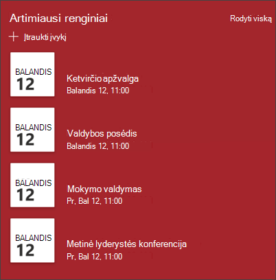Įvykių puslapio dalies ekrano kopija