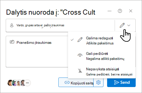 Bendrinimo dialogo langas, kuriame rodomos bendrai naudojamo failo parinktys.