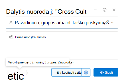 Dialogo langas Bendrinimas, kuriame rodomi žmonės, su kuriais bendrinamas failas.
