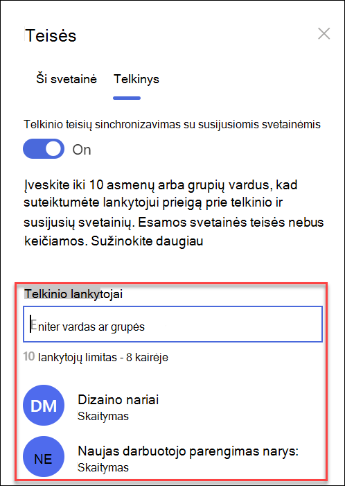 Centrinės svetainės teisių grupių ekrano kopijos