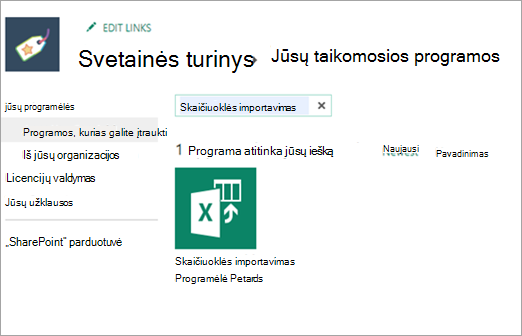 Ekrano kopija, kurioje rodoma importavimo skaičiuoklė dalyje Programos, kurias galite įtraukti.