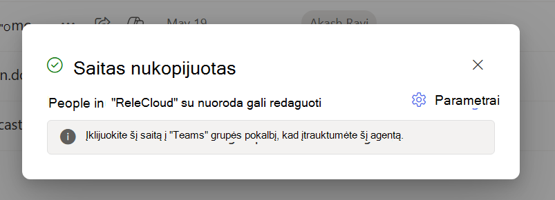 Dialogo langas, informuojantis vartotojus, kad bendrinimo saitas nukopijuotas į jų mainų sritį.