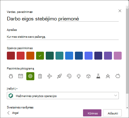 Ekrano kopija, kurioje matyti sąrašo pavadinimo įvedimas ir 