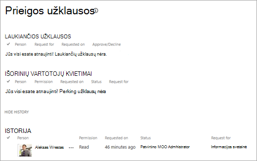 Prieigos užklausų rodinys, kuriame rodoma užklausų istorija.