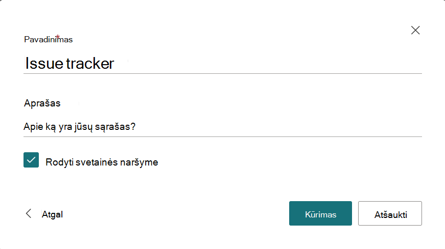 Dialogo langas, kuriame pateikiamas naujo sąrašo pavadinimas ir aprašas