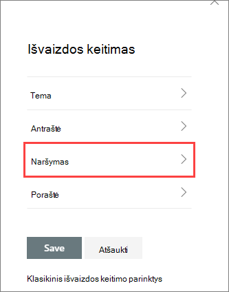 Išvaizdos keitimo srities parinkčių vaizdas