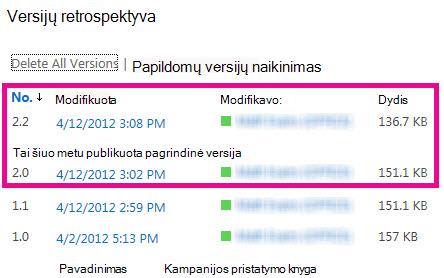 Versijų retrospektyva, kurioje panaikinta papildoma versija