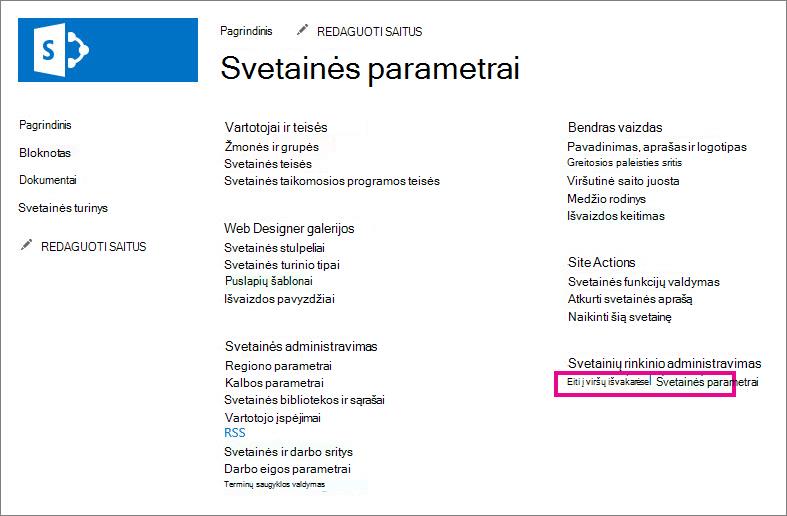 Eiti į aukščiausio lygio svetainės parametrus