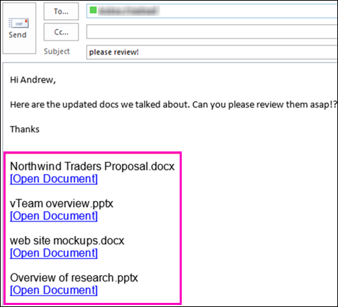 Įtraukite dokumentų saitus į el. laišką.