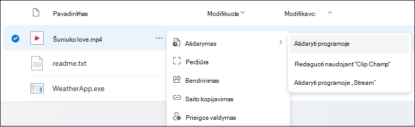Naudokite Atidaryti programoje, kad atidarytumėte failą darbalaukio faile