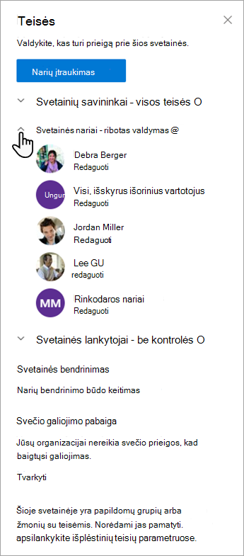 Dialogo langas Teisės, leidžiantis valdyti narius ir jų teisių rinkinius.