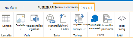 Skirtuko Įterpimas, kuriame yra lentelių, vaizdo įrašų, grafinių elementų mygtukai ir saitai į jūsų svetainės puslapius, ekrano nuotrauka