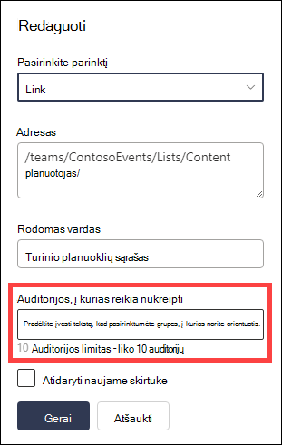 Pažymėtas tikslinių auditorijų laukas.