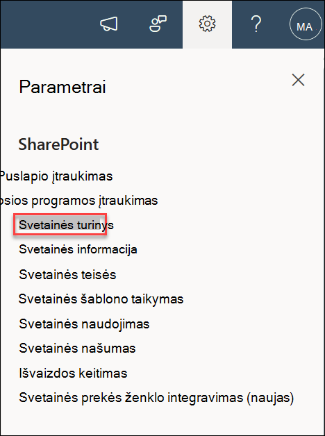 Parametrų svetainės turinio ekrano kopija