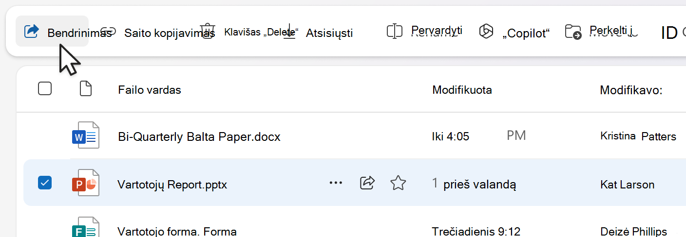 Bendrinti elementą iš komandų juostos