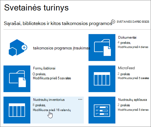 Svetainės turinio puslapis su pasirinktu sąrašu