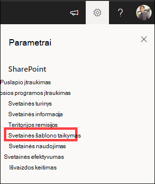 Parametrai su paryškinta parinktimi Taikyti svetainės šabloną.