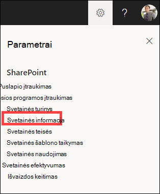 Atidarytas parametrų skydas su paryškinta svetainės informacija.