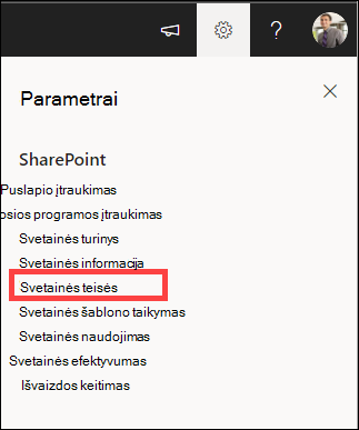 Parametrai su paryškintomis svetainės teisėmis.