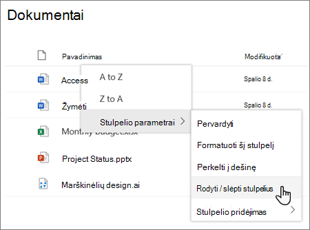 Stulpelio parametrų > parinktis Rodyti / slėpti stulpelius, kai moderniame 