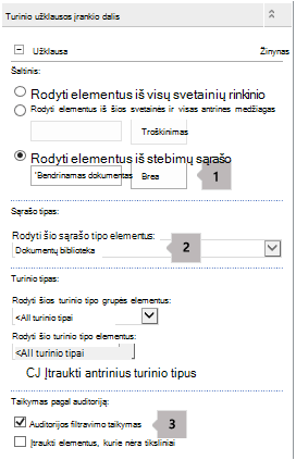 Turinio užklausos puslapio dalies ypatybių sąrašas su trimis paaiškinimais
