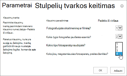 Klausimų tvarkos keitimo dialogo langas su pažymėtu išplečiamuoju sąrašu apie vieną klausimą