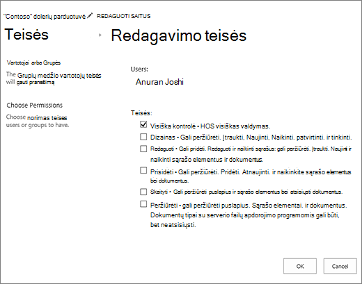 Teisių lygių keitimas dialogo lange Teisės