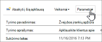 Apklausos parametrų mygtukas bendrojo apklausos rodinio viršuje
