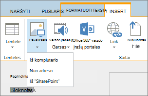 „SharePoint Online“ juostelės ekrano kopija. Pasirinkite skirtuką Įterpimas, tada – Paveikslėlis, jei norite pasirinkti, ar norite nusiųsti failą iš kompiuterio, žiniatinklio adreso ar „SharePoint“ vietos.