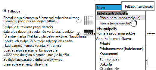 Programoje „SharePoint Online“ pasirinkite indeksuotą lauką