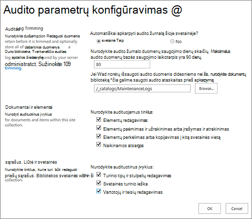 Svetainių rinkinio audito parametrų ekranas