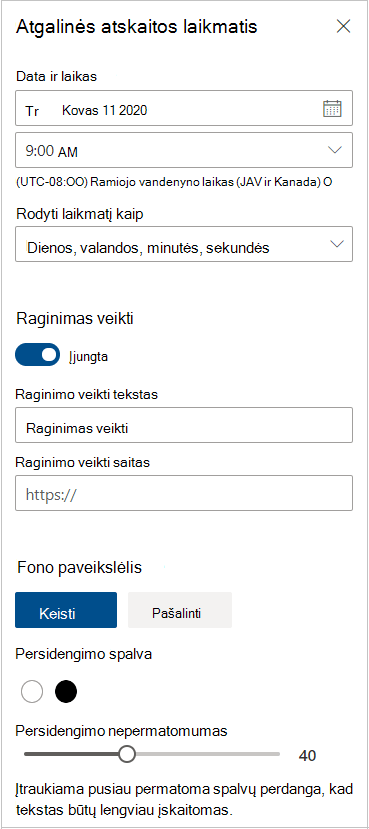 Atgalinės atskaitos laikmačio parametrai