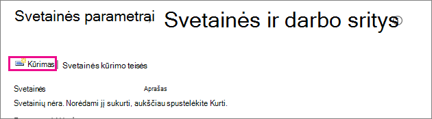 Svetainės kūrimo saitas dialogo lange Svetainės ir darbo vietos