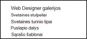 Žiniatinklio dizaino įrankio galerijos parinktys iš Svetainės parametrų puslapio, esančio „SharePoint Online“