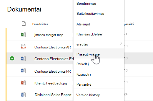 Prisegti meniu Failas viršuje