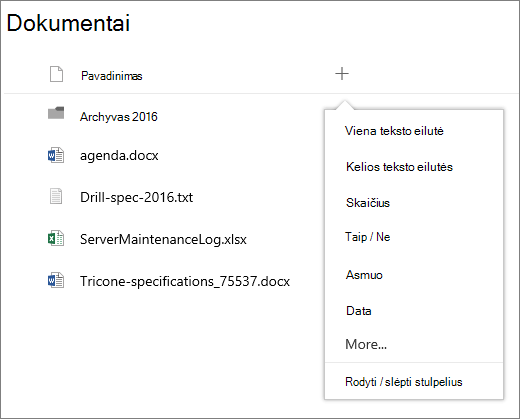 Išplečiamojo stulpelio įtraukimas į grupę sujungta dokumentų biblioteka