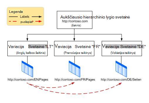 Hierarchijos diagrama, rodanti aukščiausio lygio šakninę svetainę su trimis jos variantais. Variantai yra anglų, prancūzų ir vokiečių
