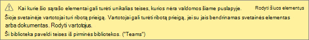 Vaizdas, kuriame rodomas pranešimas apie unikalias sąrašo arba bibliotekos teises