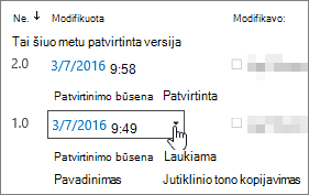 Versijų išplečiamojo dialogo lango mygtukas