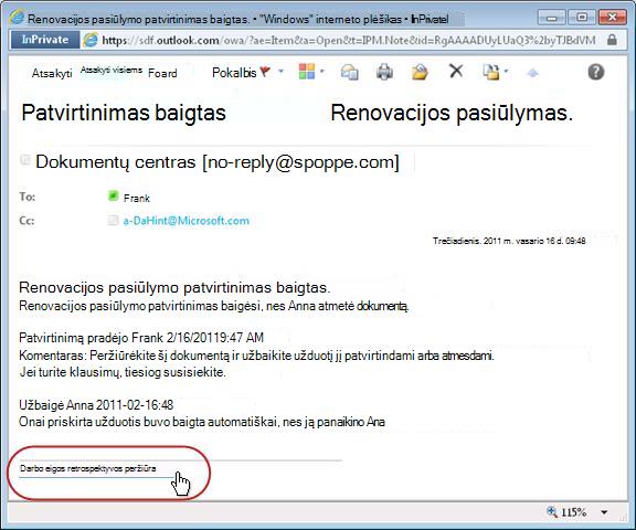 Užbaigtos darbo eigos pranešimas su paryškintu retrospektyvos saitu