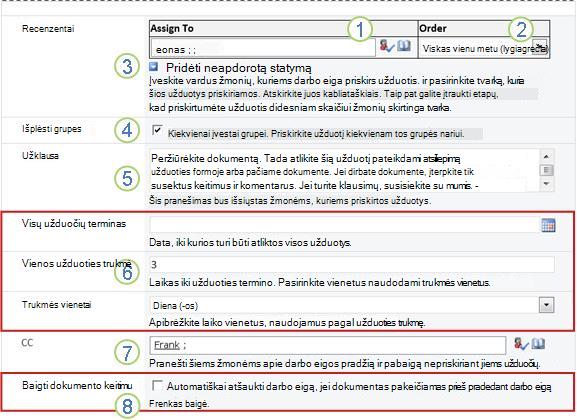 Antras sąsajos formos puslapis su sunumeruotais paaiškinimais