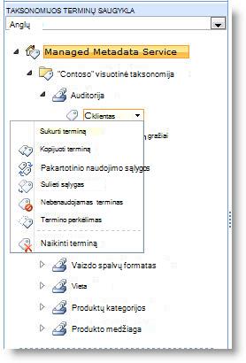 Naudodami meniu, galite valdyti terminų rinkinio terminus.