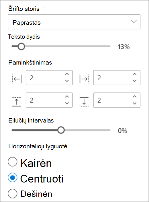 Teksto formato pasirinkimai