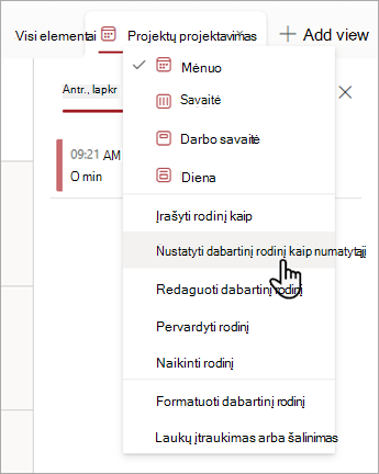 Ekrano kopija, rodanti, kaip pasirinkti komandą Nustatyti dabartinį rodinį kaip numatytąjį dalyje Sąrašai.