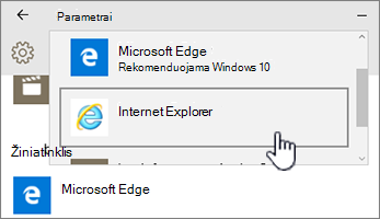 Numatytųjų programų sąraše pasirinkta „Edge“ arba IE naršyklė